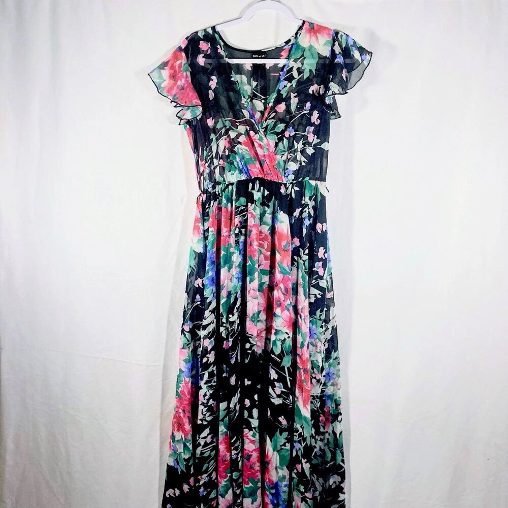 KATE AND LILY black multicolor floral flutter sleeves semi sheer  long dress 4